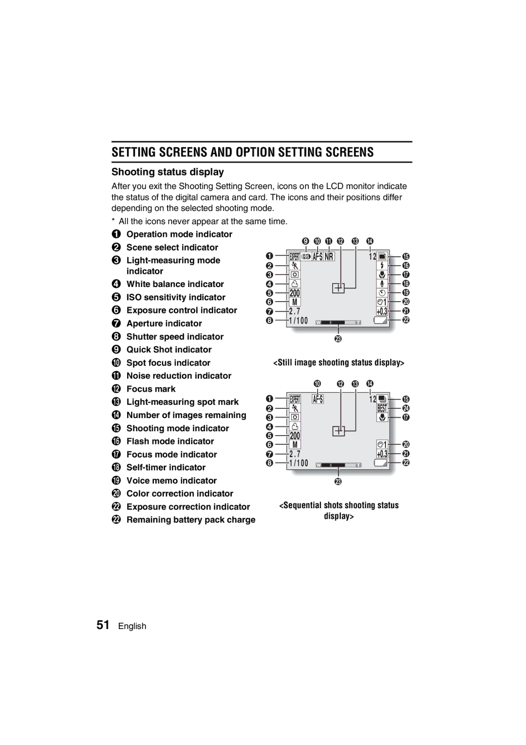 Sanyo VPC-AZ3 EX Shooting status display, Still image shooting status display, Sequential shots shooting status Display 