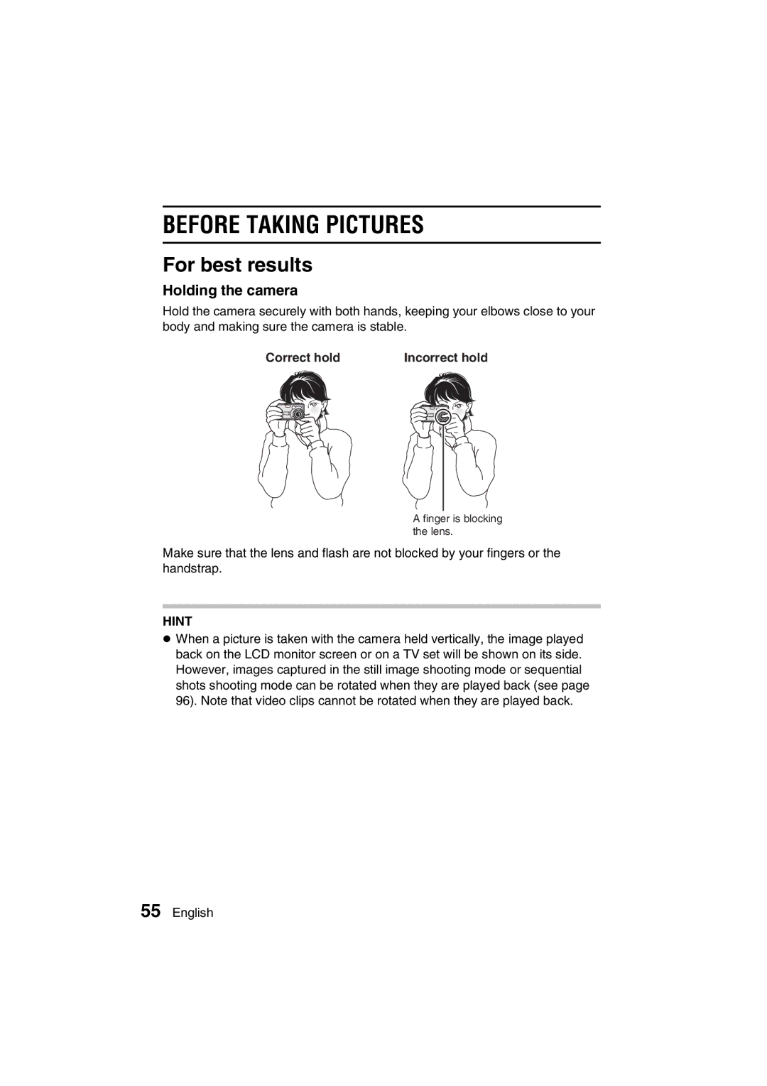 Sanyo VPC-AZ3 EX instruction manual Before Taking Pictures, For best results, Holding the camera, Correct hold 