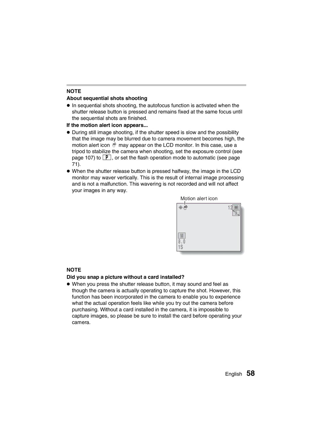 Sanyo VPC-AZ3 EX instruction manual About sequential shots shooting, If the motion alert icon appears 