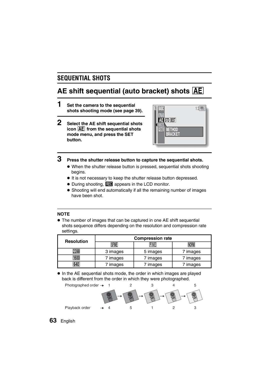 Sanyo VPC-AZ3 EX instruction manual AE shift sequential auto bracket shots a, Sequential Shots, Bracket 