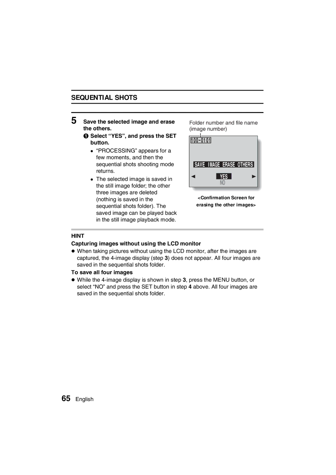 Sanyo VPC-AZ3 EX Save Image Erase Others YES, Capturing images without using the LCD monitor, To save all four images 