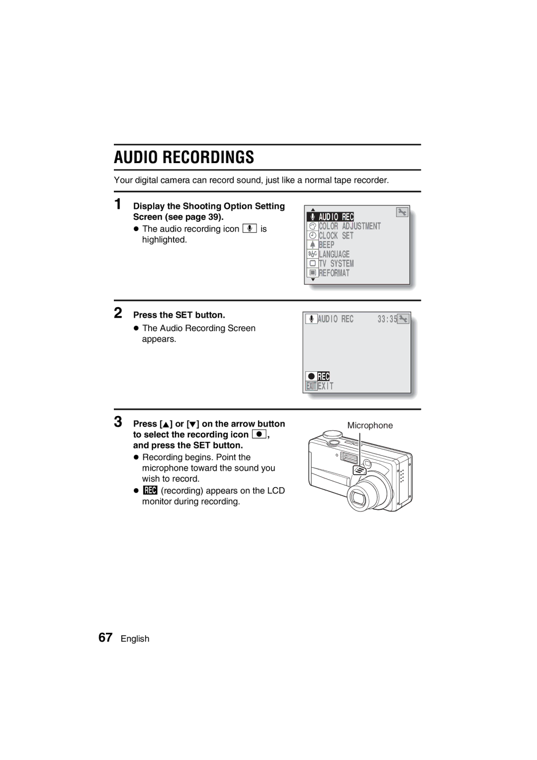 Sanyo VPC-AZ3 EX instruction manual Audio Recordings, Audio REC 