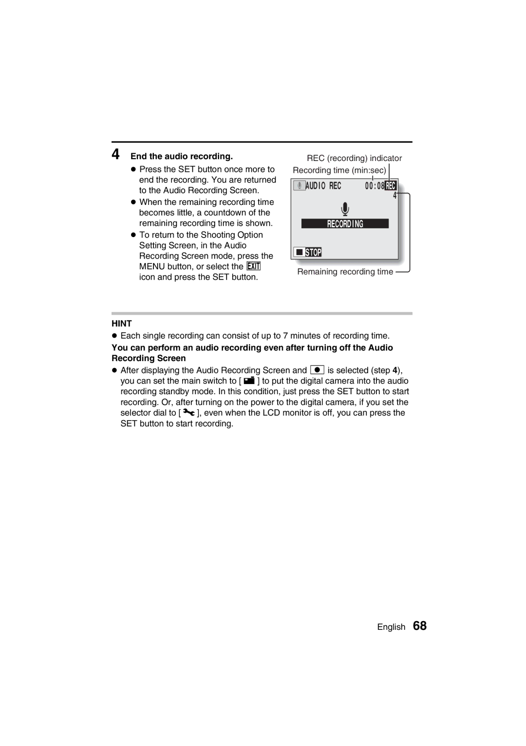 Sanyo VPC-AZ3 EX instruction manual Audio REC, Stop, End the audio recording 