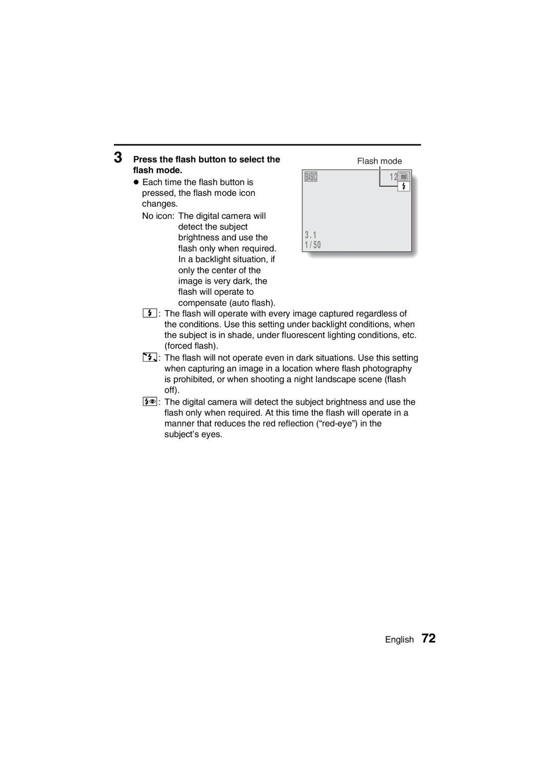 Sanyo VPC-AZ3 EX instruction manual Press the flash button to select, Flash mode 