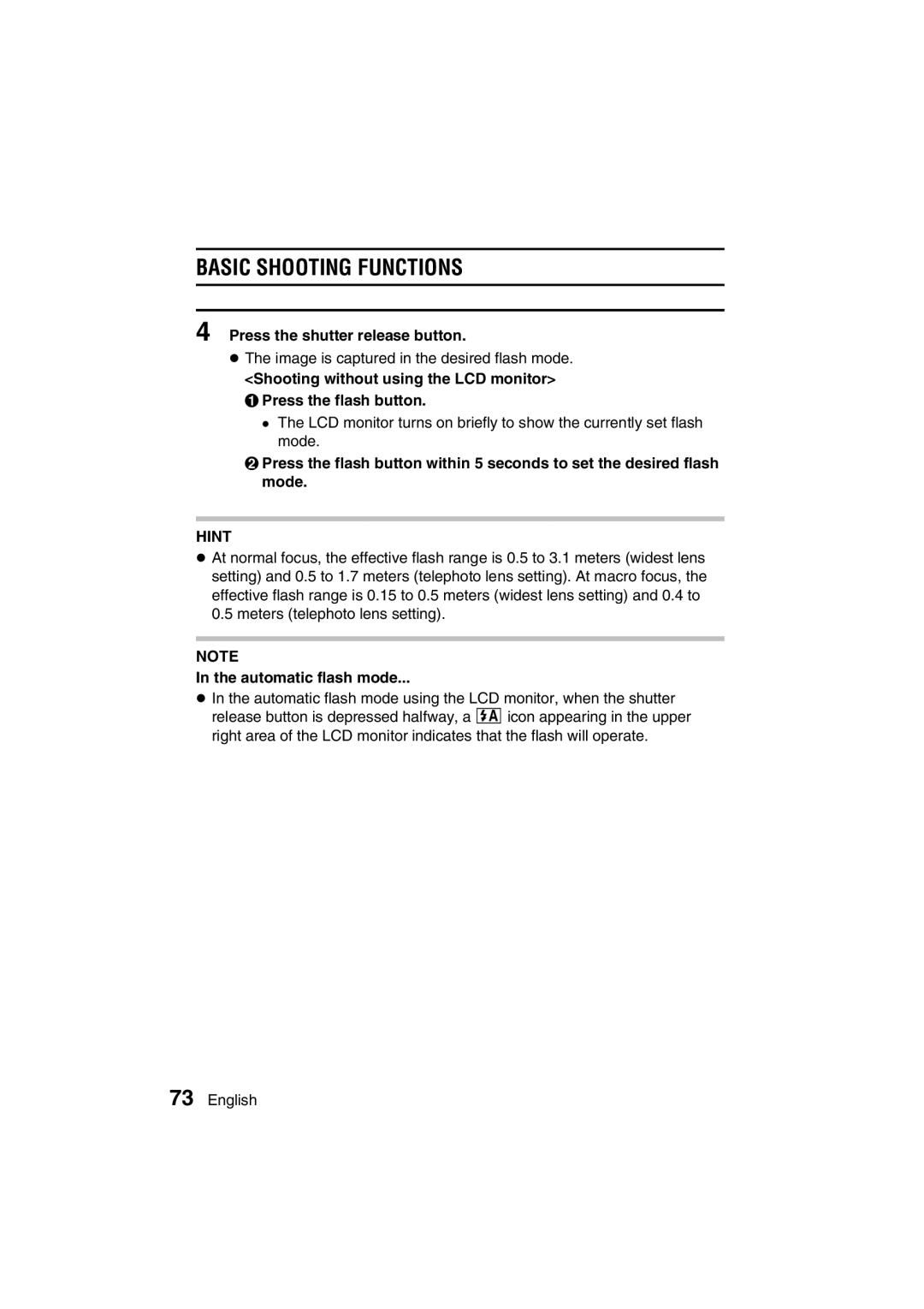 Sanyo VPC-AZ3 EX instruction manual Press the shutter release button, Automatic flash mode 