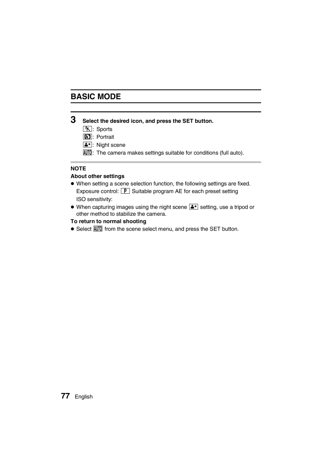 Sanyo VPC-AZ3 EX instruction manual Basic Mode, Select the desired icon, and press the SET button, About other settings 