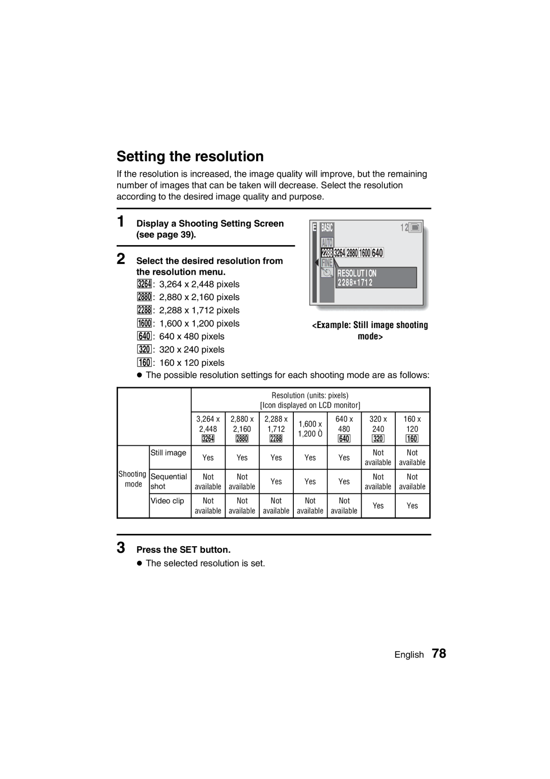 Sanyo VPC-AZ3 EX instruction manual Setting the resolution, Resolution 