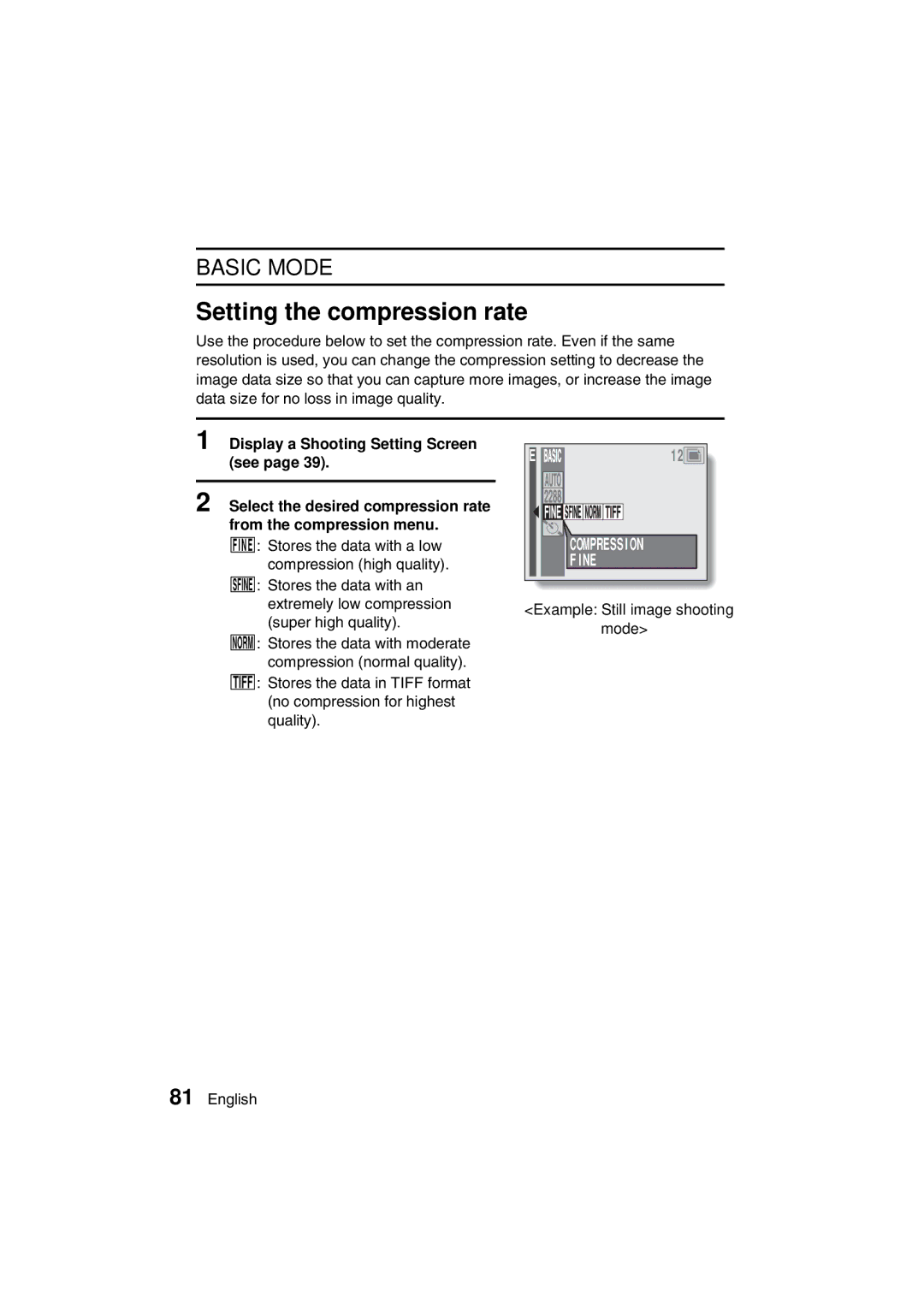 Sanyo VPC-AZ3 EX instruction manual Setting the compression rate, Compression, Fine 