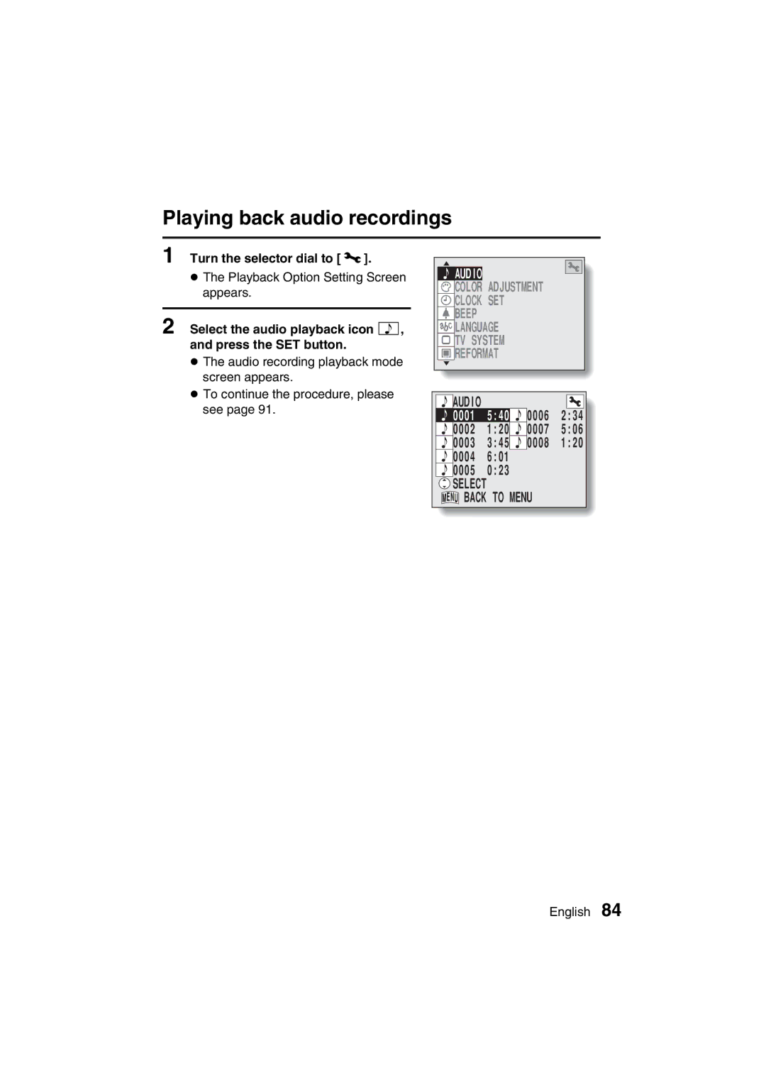 Sanyo VPC-AZ3 EX instruction manual Playing back audio recordings, Audio, Turn the selector dial to P 