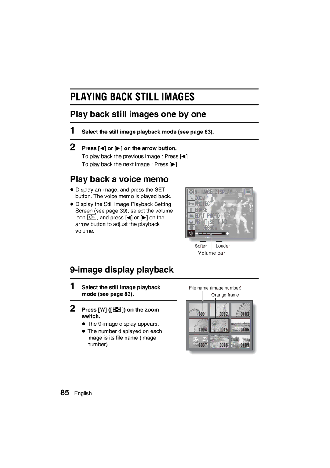 Sanyo VPC-AZ3 EX instruction manual Playing Back Still Images, Play back still images one by one, Play back a voice memo 