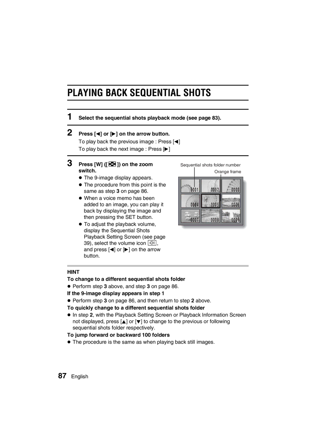 Sanyo VPC-AZ3 EX instruction manual Playing Back Sequential Shots, To change to a different sequential shots folder 