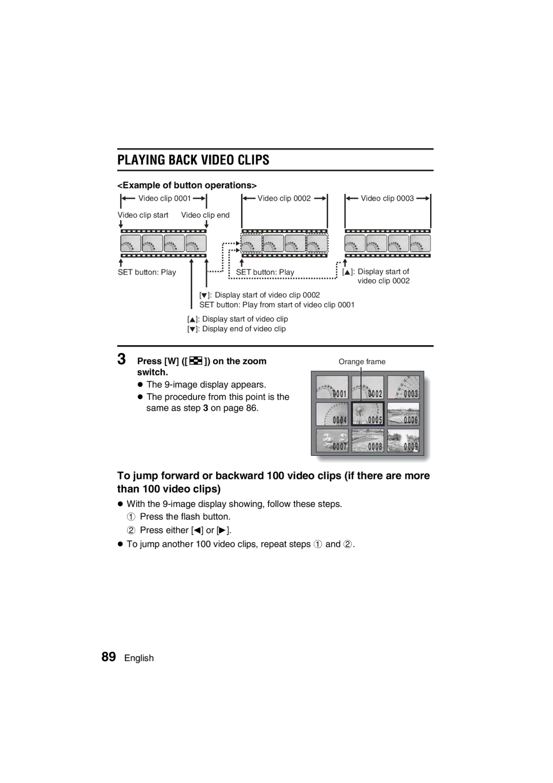 Sanyo VPC-AZ3 EX instruction manual Playing Back Video Clips, Example of button operations 