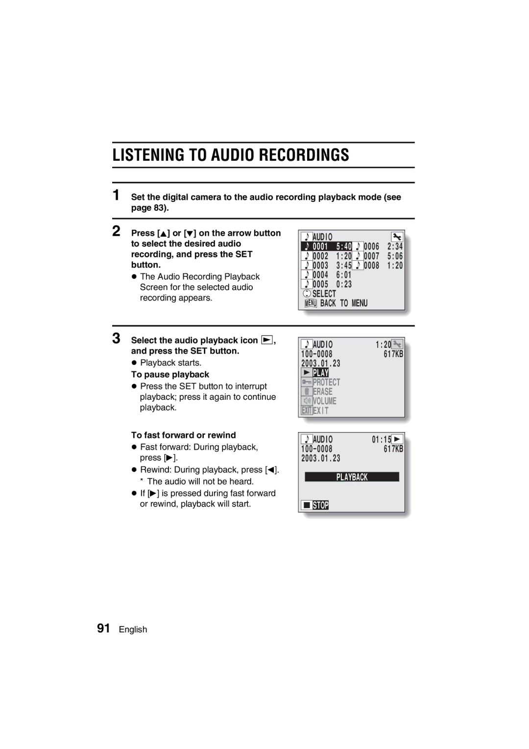 Sanyo VPC-AZ3 EX instruction manual Listening to Audio Recordings, Playback Stop, To fast forward or rewind 