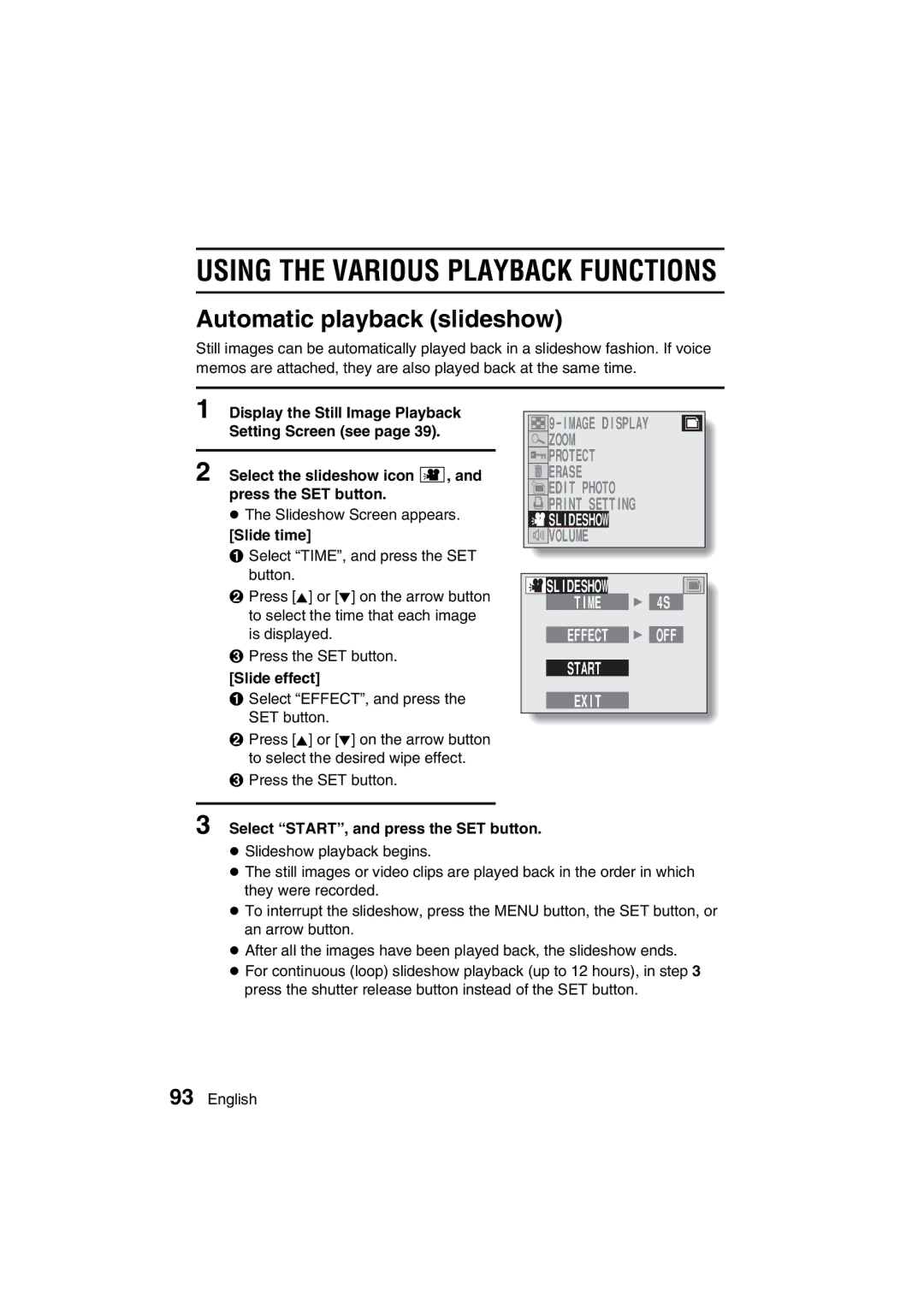 Sanyo VPC-AZ3 EX instruction manual Automatic playback slideshow, Slideshow, Time, Start Exit 