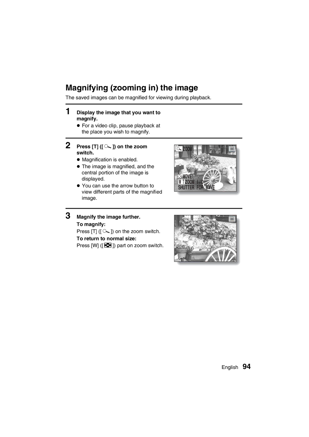 Sanyo VPC-AZ3 EX instruction manual Magnifying zooming in the image, Move, Zoom I/O 