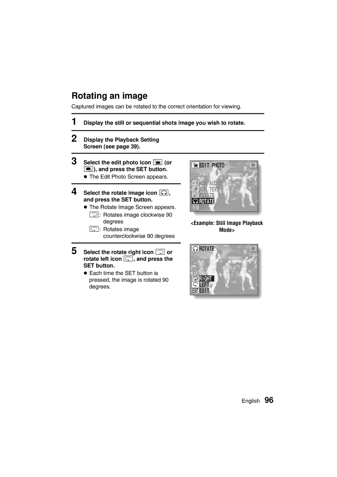 Sanyo VPC-AZ3 EX instruction manual Rotating an image, Rotate, Left, Exit 