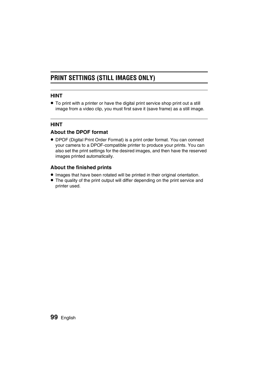 Sanyo VPC-C1EX PRINT5A5CPQDQQMSETTINGS Still Images ONLY!#, About the Dpof format, About the finished prints 