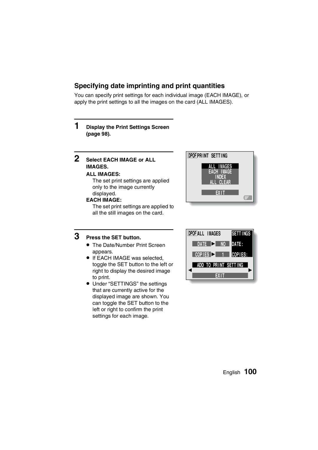 Sanyo VPC-C1EX instruction manual Date no Date Copies 1 Copies ADD to Print Setting Exit, Press the SET button 