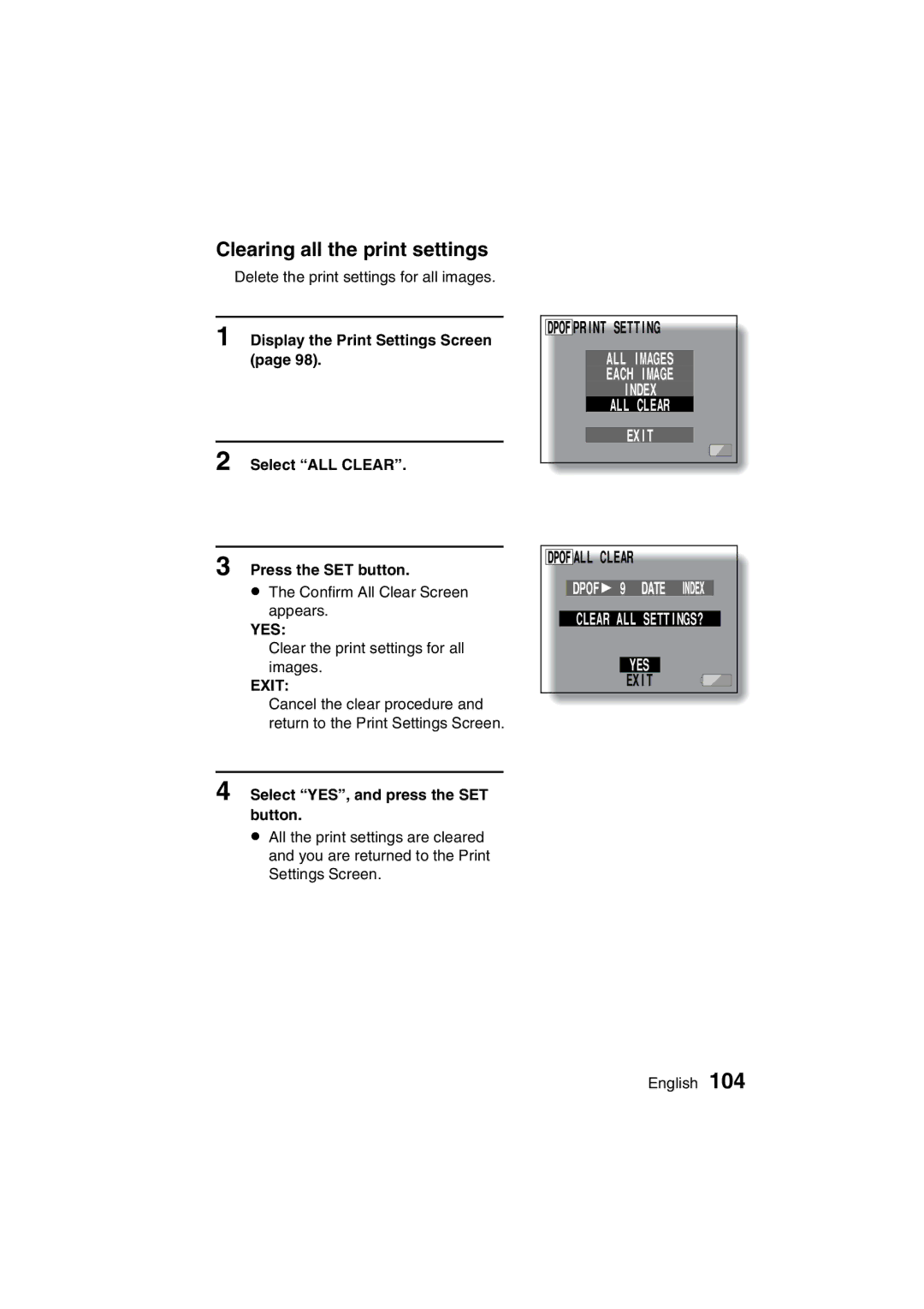 Sanyo VPC-C1EX instruction manual ALL Clear, Dpof 