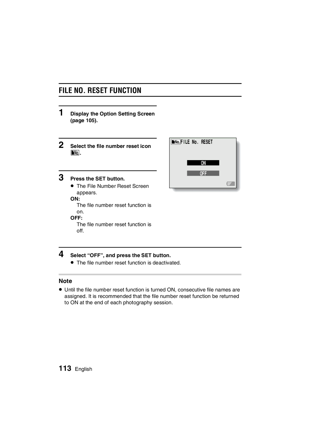 Sanyo VPC-C1EX instruction manual Select the file number reset icon, Select OFF, and press the SET button 