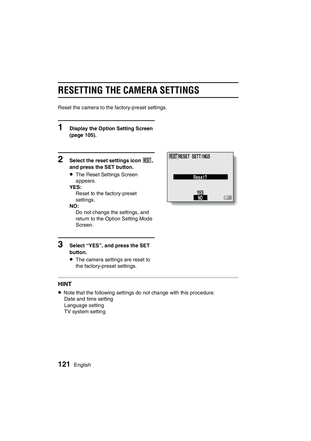 Sanyo VPC-C1EX instruction manual RESETTING5A5CPQDQQMTHE Camera Settings, Select YES, and press the SET button 