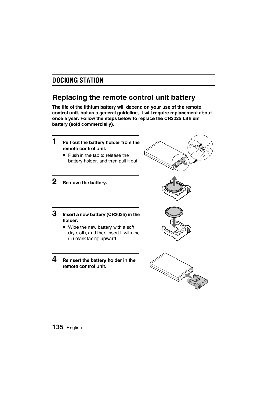 Sanyo VPC-C1EX Replacing the remote control unit battery, Reinsert the battery holder in the remote control unit 