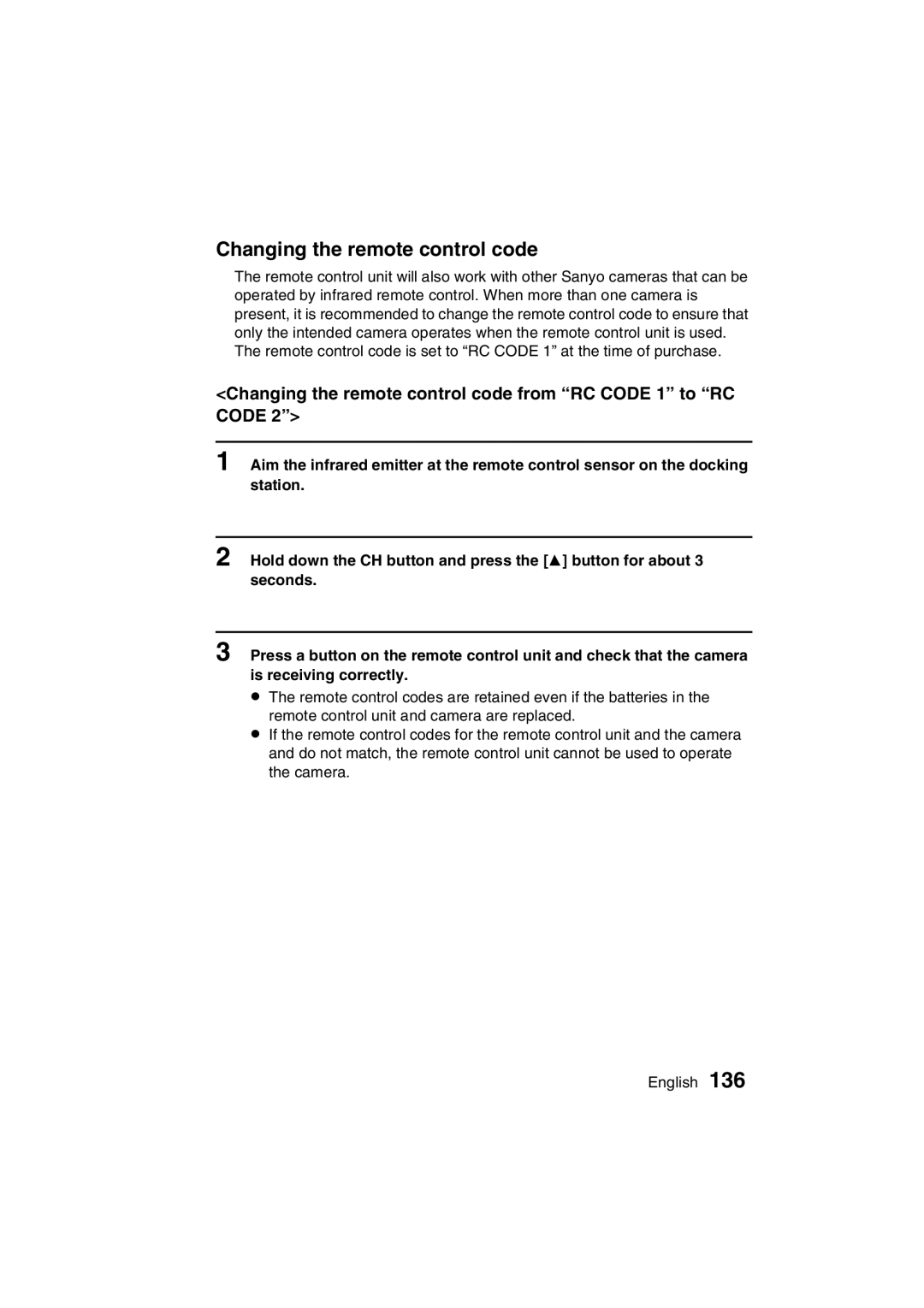 Sanyo VPC-C1EX 5ChangingA5CPQDQQM!the remote control code, Changing the remote control code from RC Code 1 to RC Code 