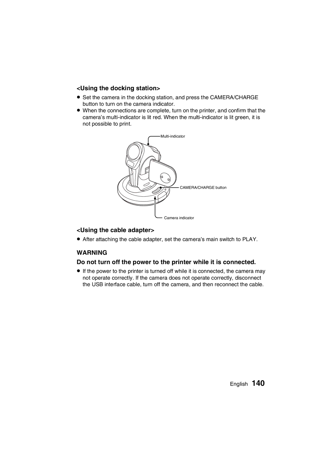 Sanyo VPC-C1EX instruction manual 5A5CPQDQQM!Multi-indicator, Using the docking station, Using the cable adapter 