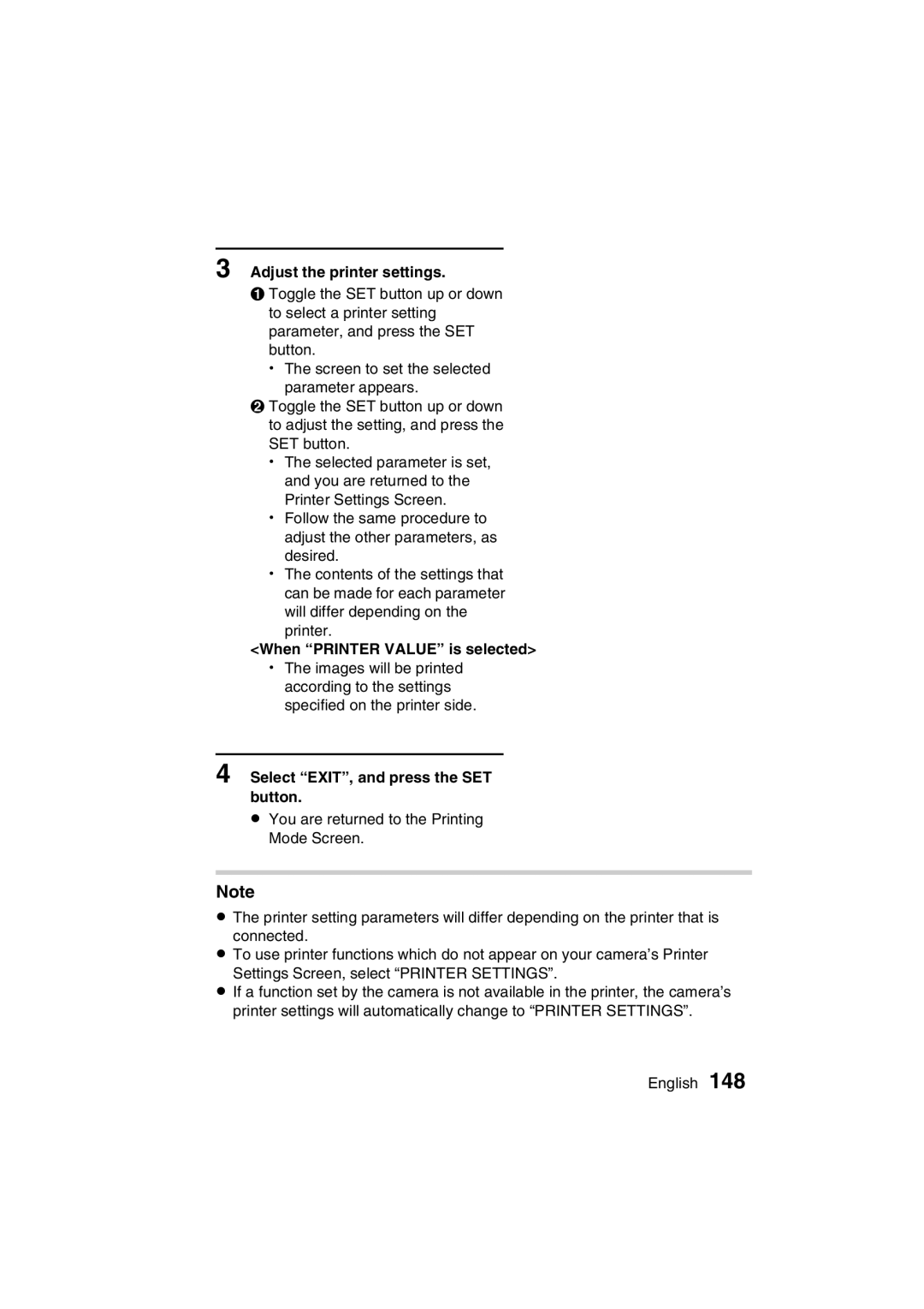 Sanyo VPC-C1EX instruction manual 5A5CPQDQQM3 Adjust the printer settings, When Printer Value is selected 