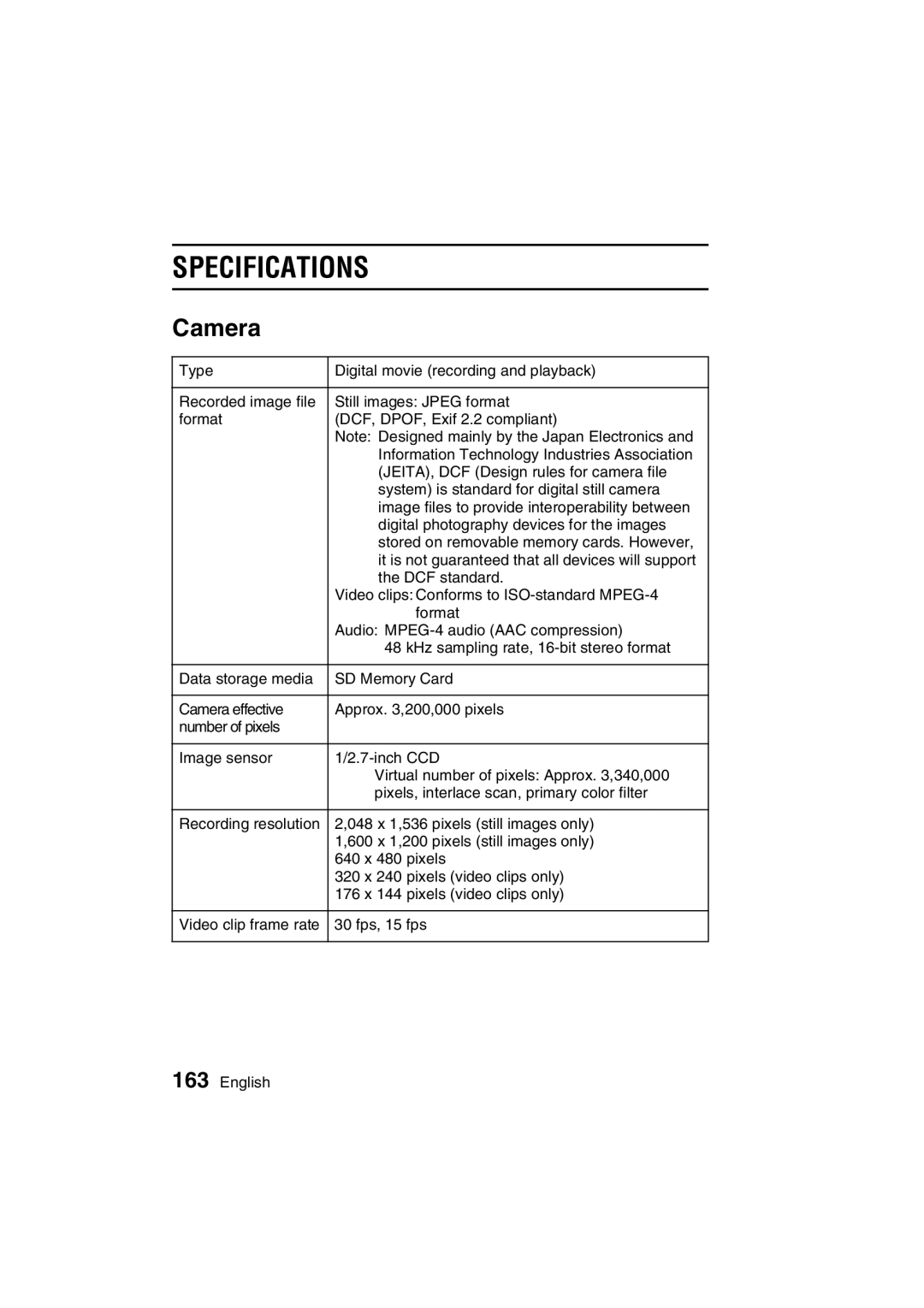 Sanyo VPC-C1EX instruction manual Specifications, Camera 