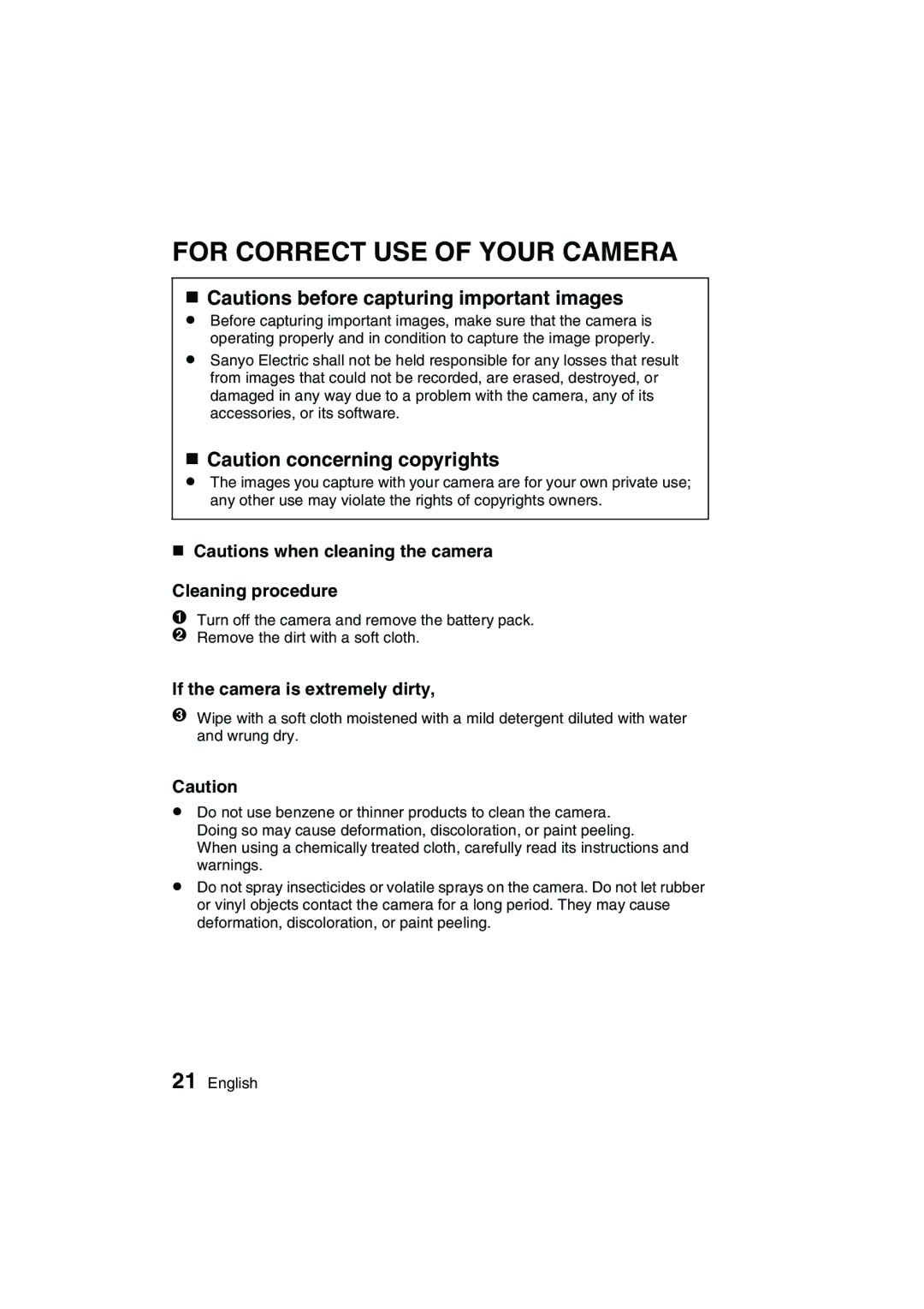 Sanyo VPC-C1EX FOR5A5CPQDQQMCORRECT USE of Your Camera !#, Cleaning procedure, If the camera is extremely dirty 