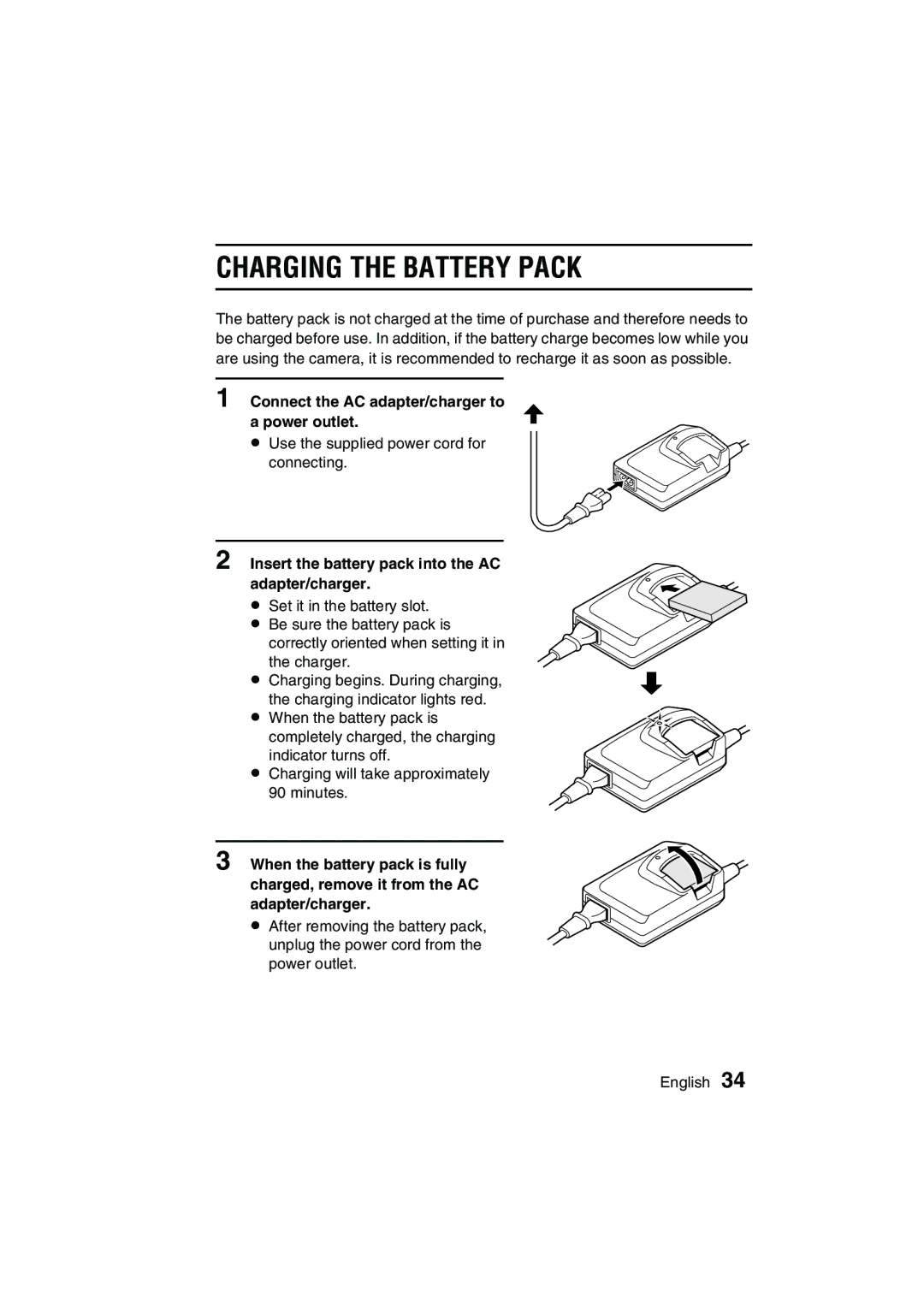 Sanyo VPC-C1EX instruction manual 5CHARGINGA5CPQDQQMTHE Battery Pack !#, Connect the AC adapter/charger to a power outlet 