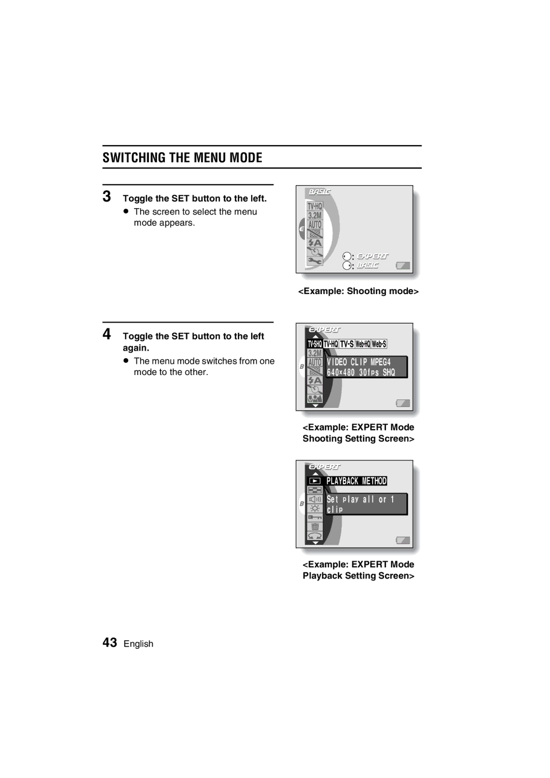 Sanyo VPC-C1EX instruction manual SWITCHING5A5CPQDQQMTHE Menu Mode !#, Example Expert Mode Shooting Setting Screen 