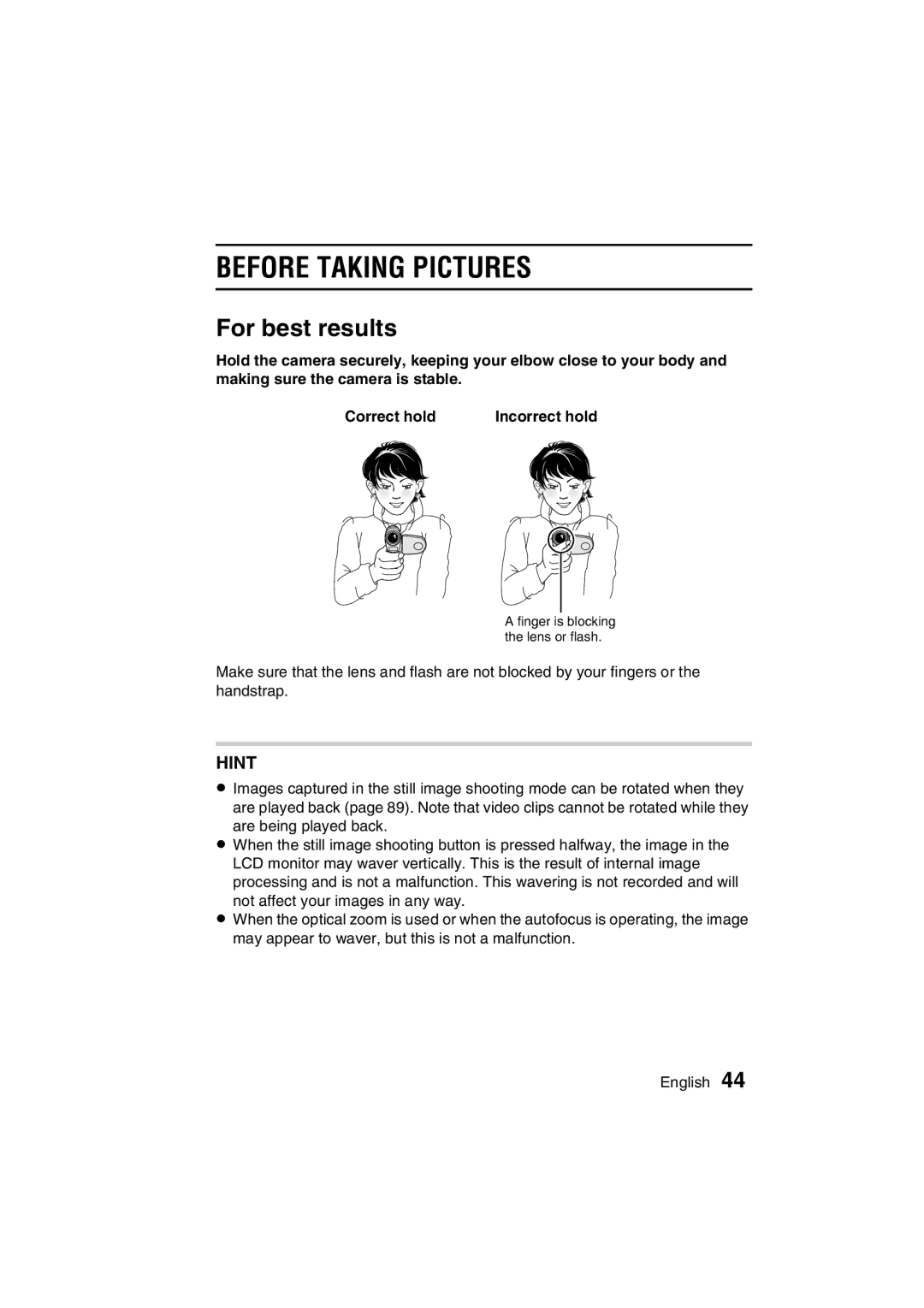 Sanyo VPC-C1EX instruction manual For best results, 5A5CPQDQQM!Correct hold Incorrect hold# 