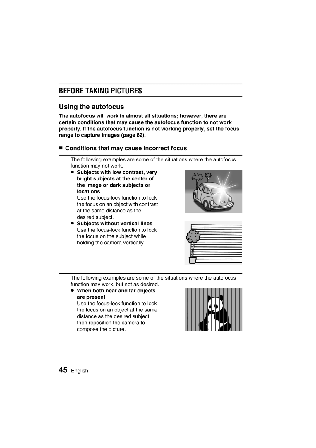 Sanyo VPC-C1EX Using the autofocus, BEFORE5A5CPQDQQMTAKING PICTURES!#, Conditions that may cause incorrect focus 