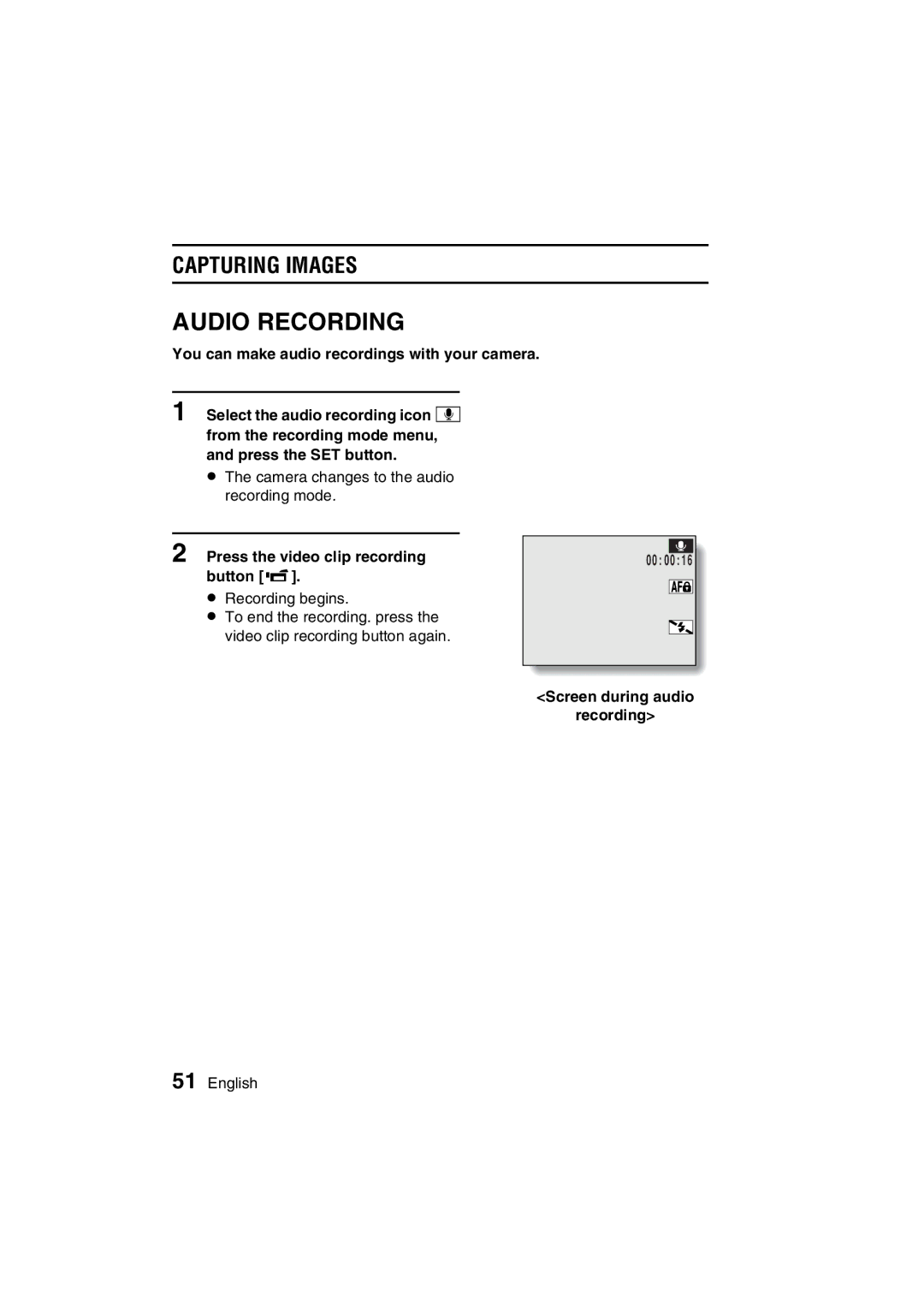 Sanyo VPC-C1EX instruction manual Press the video clip recording button l, Screen during audio Recording 