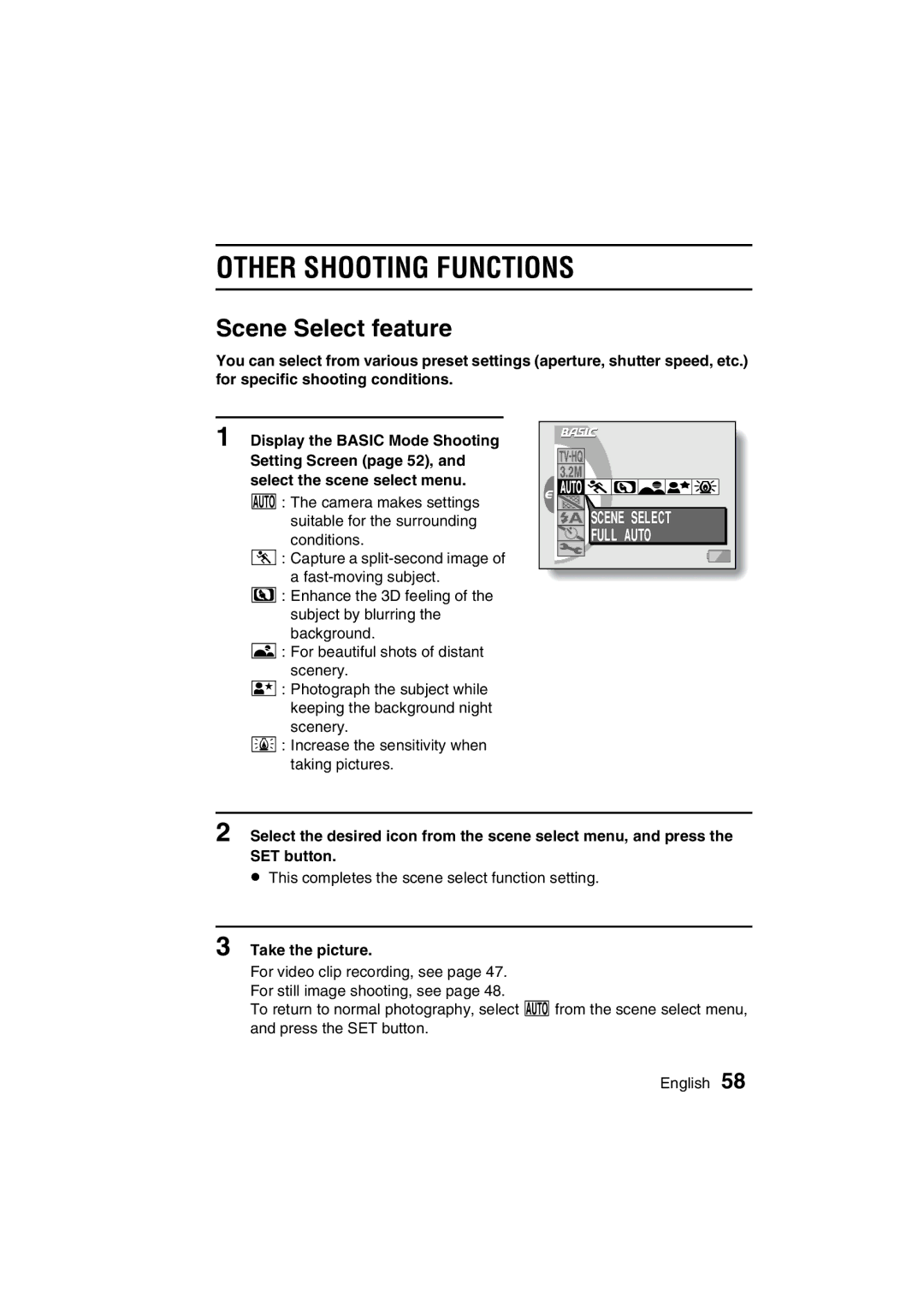 Sanyo VPC-C1EX instruction manual Scene Select feature, 5OTHERA5CPQDQQMSHOOTING Functions !#, Take the picture 