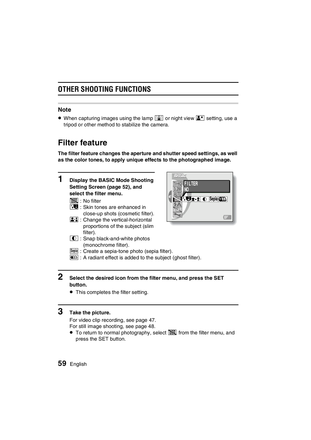 Sanyo VPC-C1EX Filter feature, OTHER5A5CPQDQQMSHOOTING FUNCTIONS!#, Setting Screen page 52, Select the filter menu 