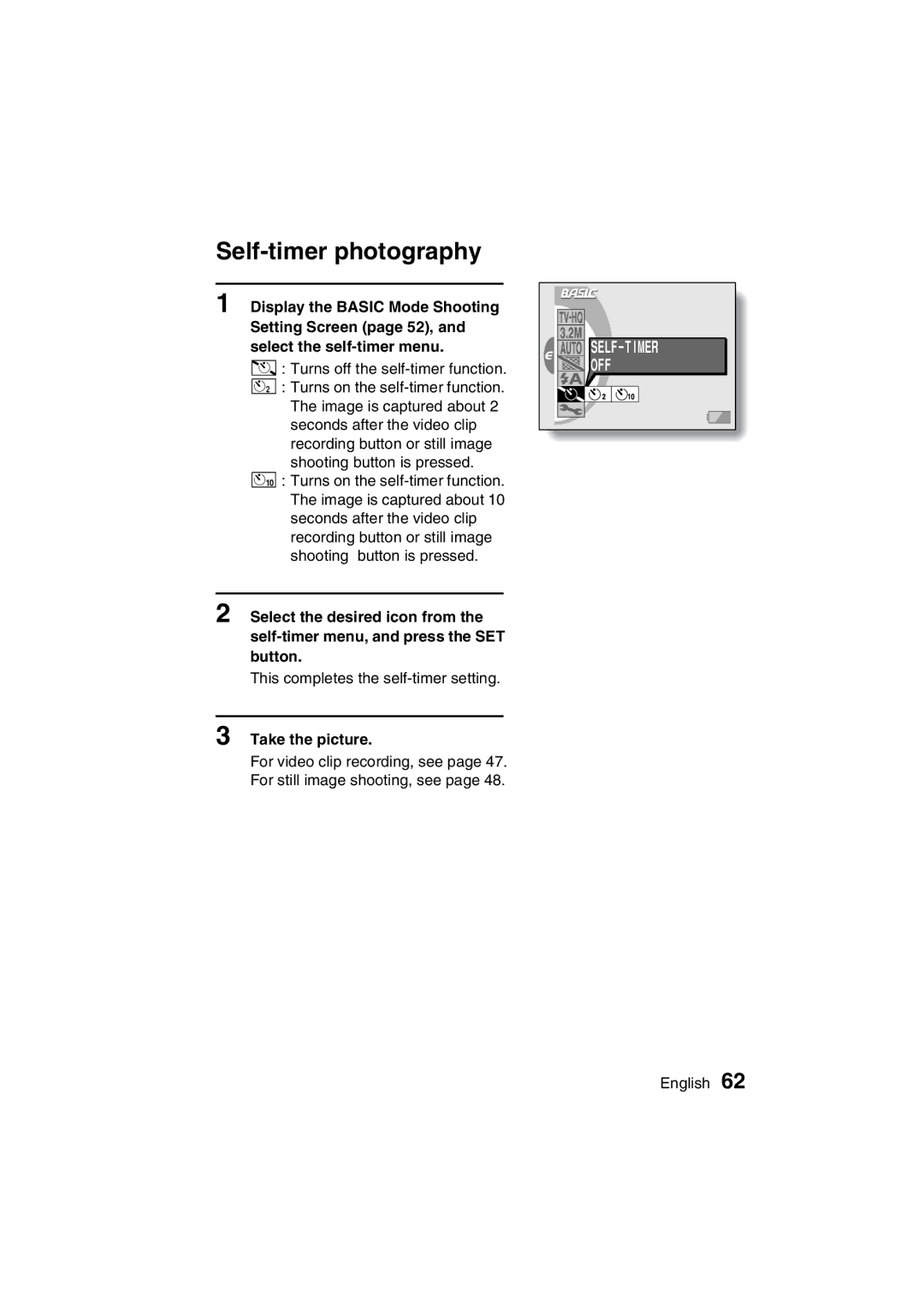 Sanyo VPC-C1EX instruction manual Self-timer photography, Self-Timer 