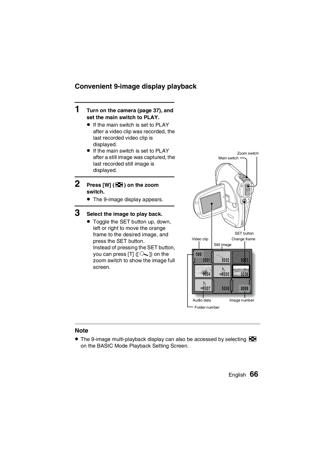 Sanyo VPC-C1EX Convenient 9-image display playback, Turn on the camera page 37, Set the main switch to Play 