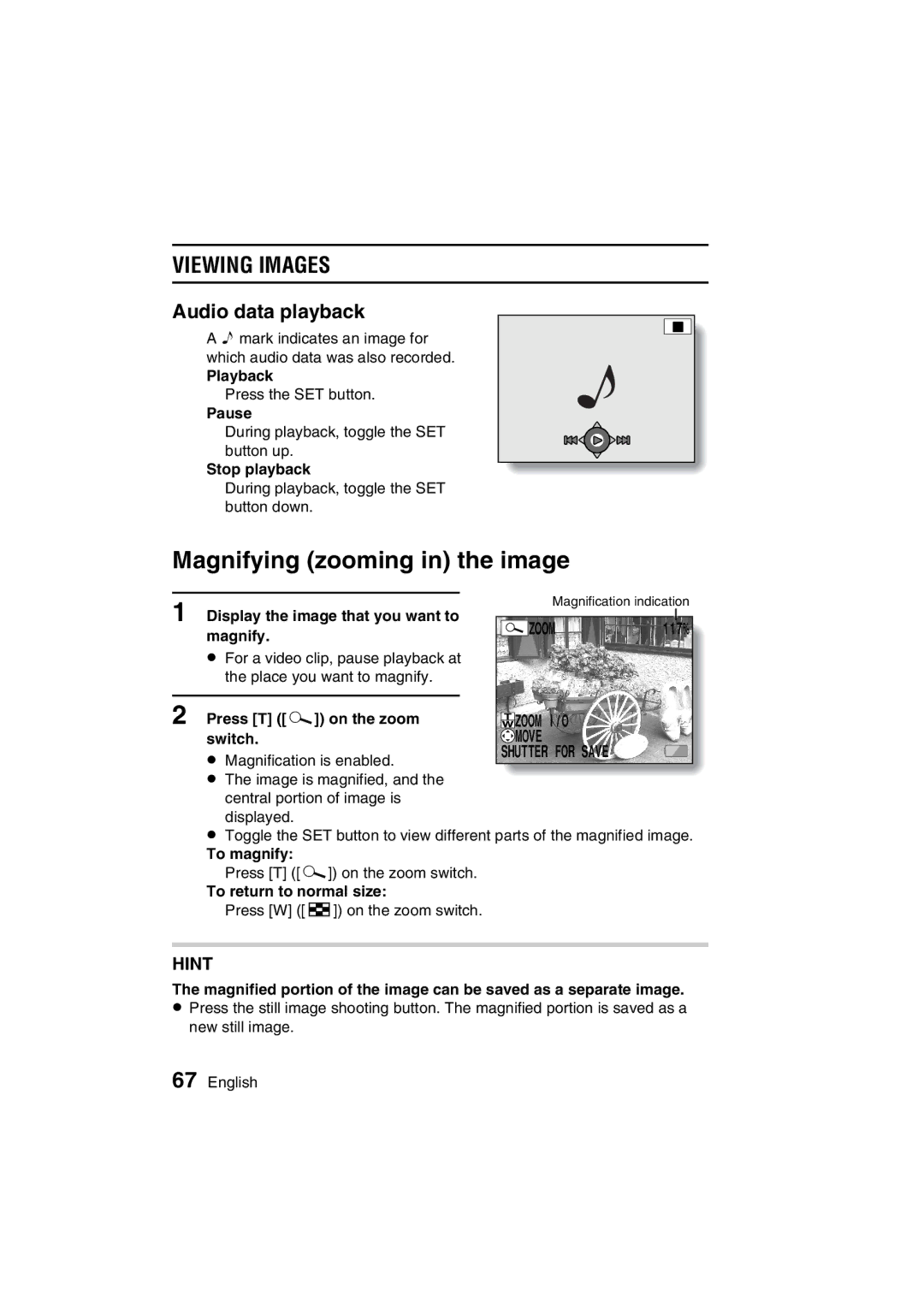 Sanyo VPC-C1EX instruction manual Magnifying zooming in the image, Audio data playback 