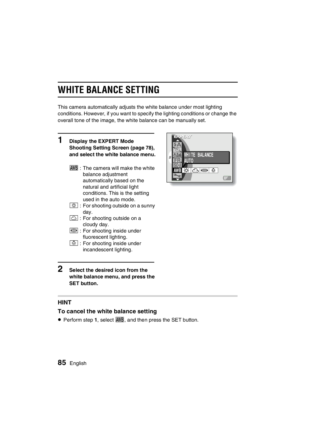 Sanyo VPC-C1EX instruction manual WHITE5A5CPQDQQMBALANCE Setting !#, To cancel the white balance setting 