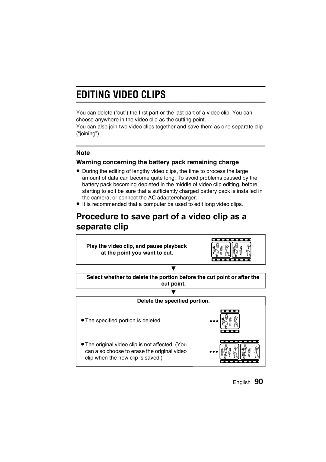 Sanyo VPC-C1EX instruction manual Procedure to save part of a video clip as a separate clip, 5EDITINGA5CPQDQQMVIDEO CLIPS!# 