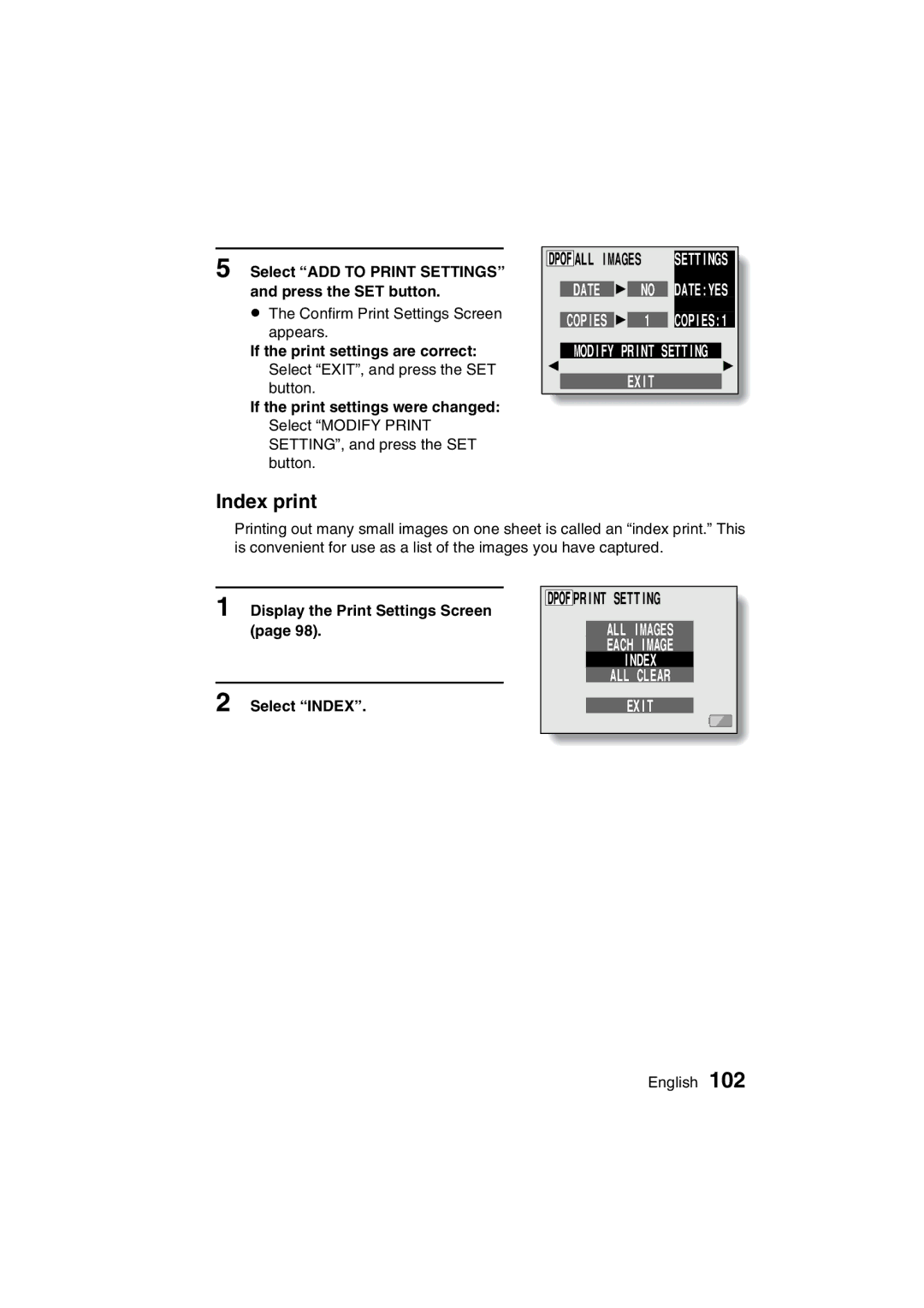 Sanyo VPC-C1 Index print, Select ADD to Print Settings and press the SET button, If the print settings are correct 