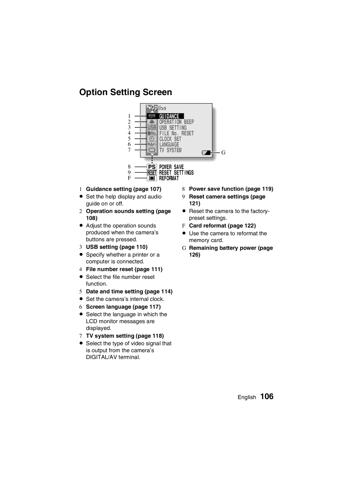 Sanyo VPC-C1 instruction manual Option Setting Screen 