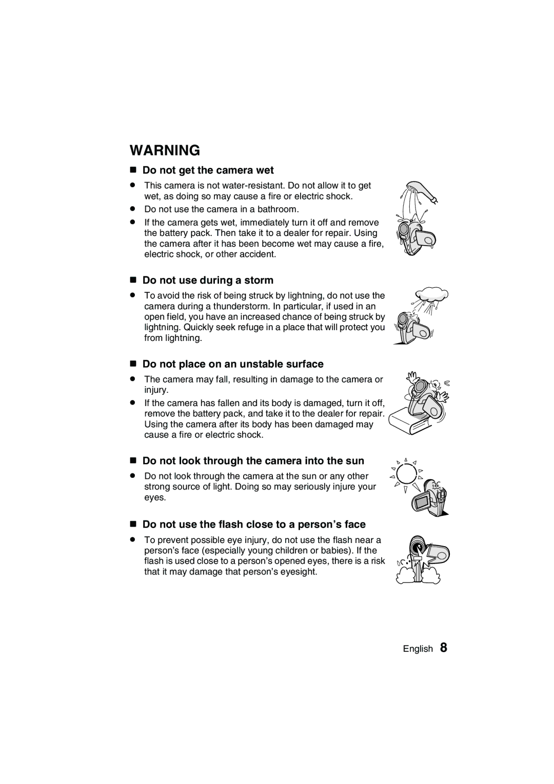 Sanyo VPC-C1 instruction manual Do not get the camera wet, Do not use during a storm, Do not place on an unstable surface 