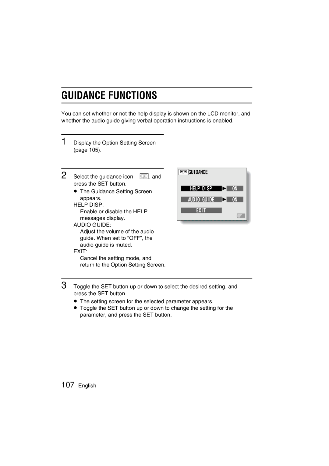 Sanyo VPC-C1 instruction manual Guidance Functions 