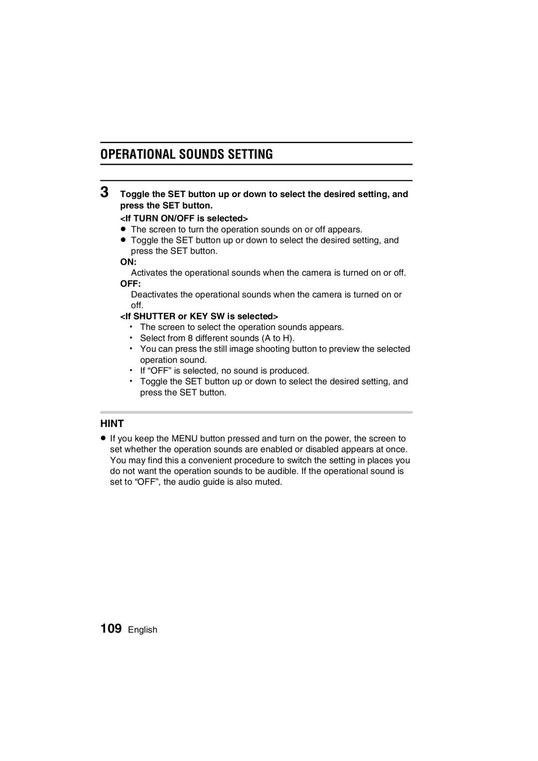 Sanyo VPC-C1 instruction manual Operational Sounds Setting, If Shutter or KEY SW is selected 