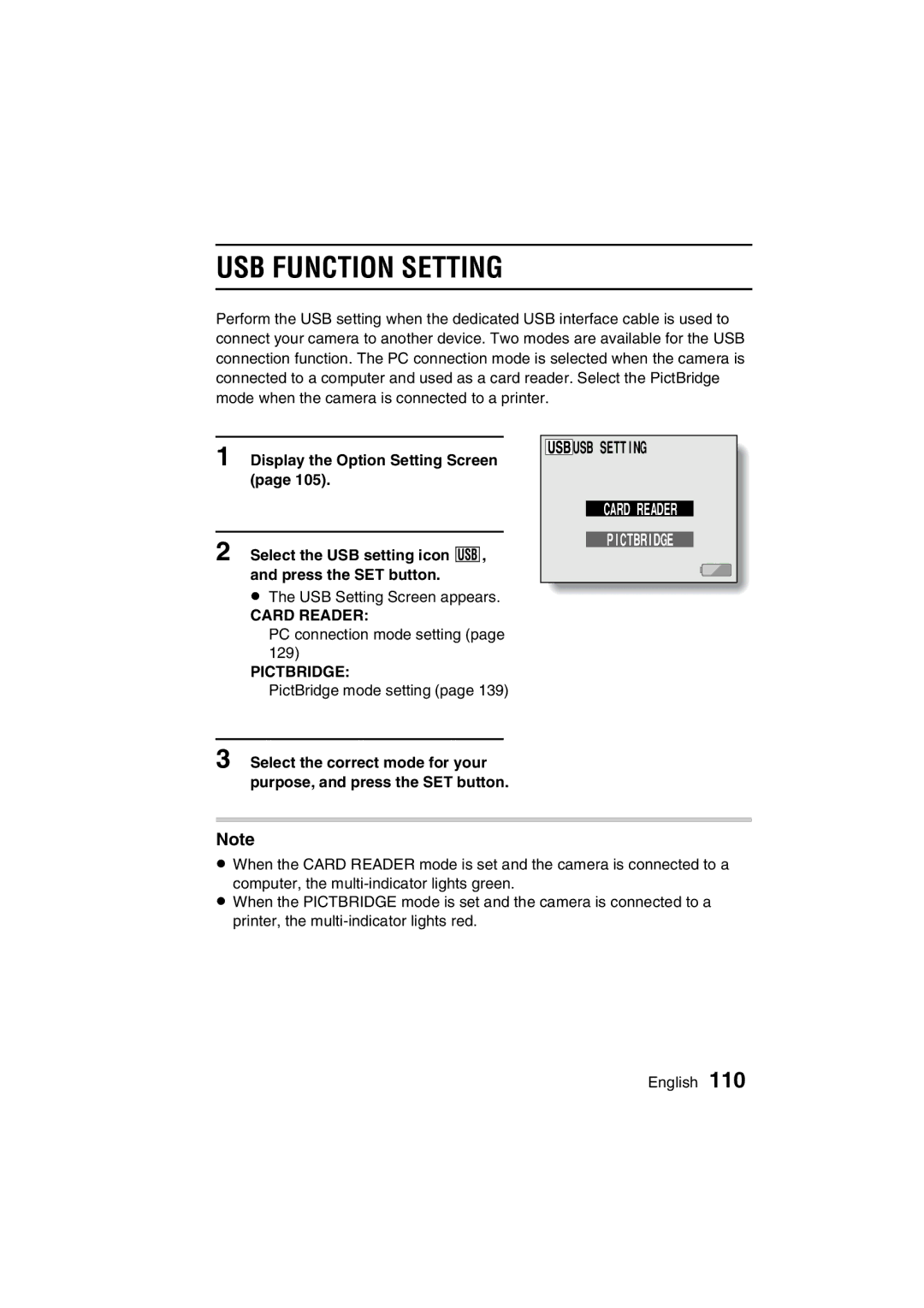 Sanyo VPC-C1 instruction manual USB Function Setting, USB Setting 