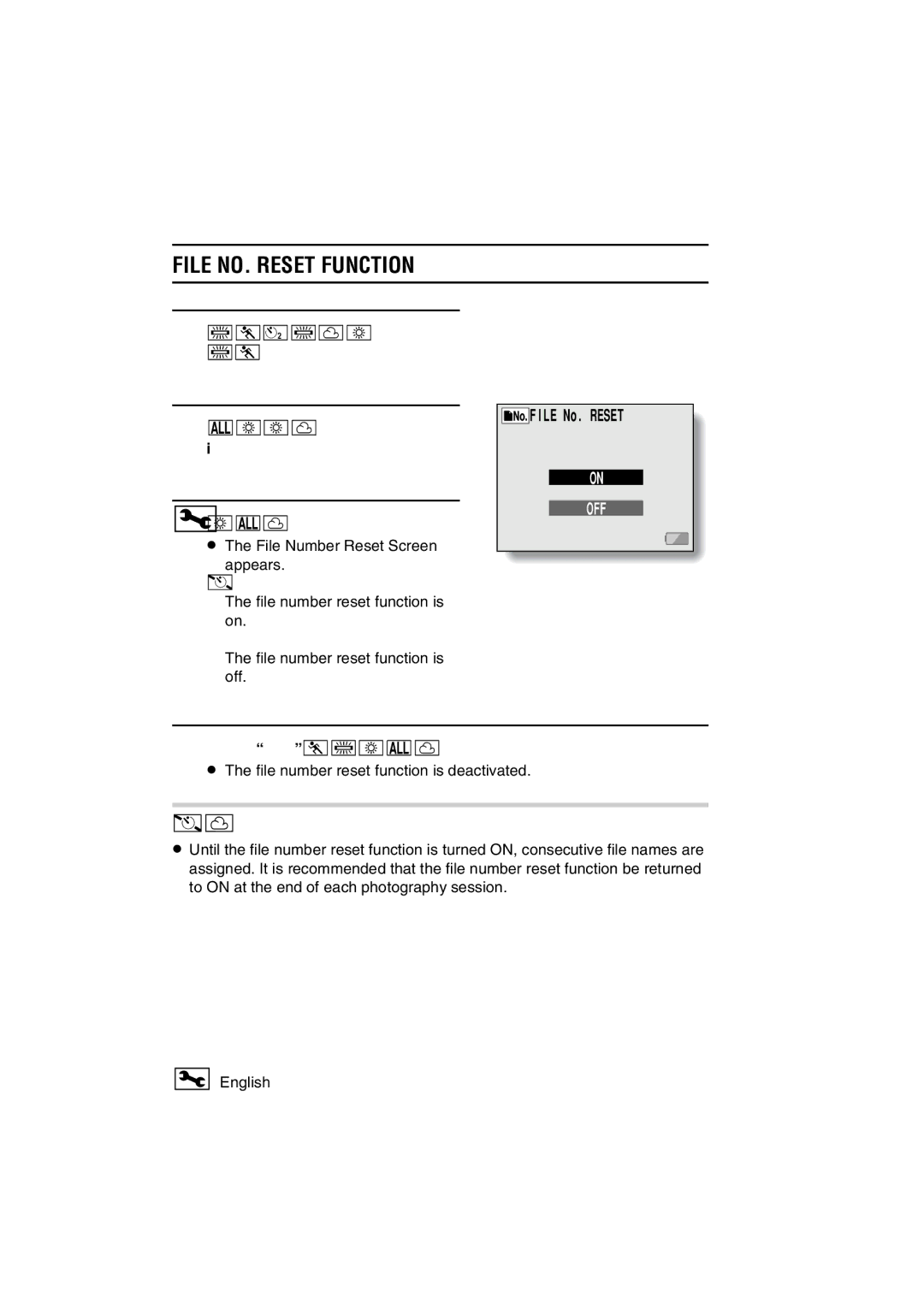 Sanyo VPC-C1 instruction manual File NO. Reset Function, Select OFF, and press the SET button 